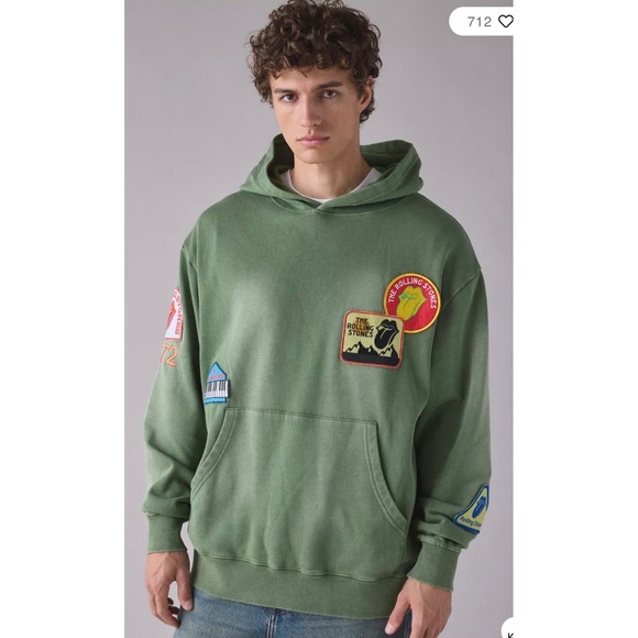 the Rolling Stones Other - Rolling Stones Multi Patch Hoodie Green Mens Small Rock Band Pullover Fleece